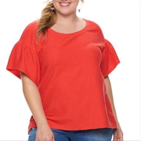 Evri- Women’s Plus Size Flutter Short Sleeve Coral Ribbed Top, Size 1X - Picture 1 of 8